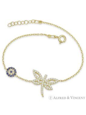 Dragonfly & Evil Eye Nazar Charm Bracelet CZ Crystals in .925 Sterling Silver